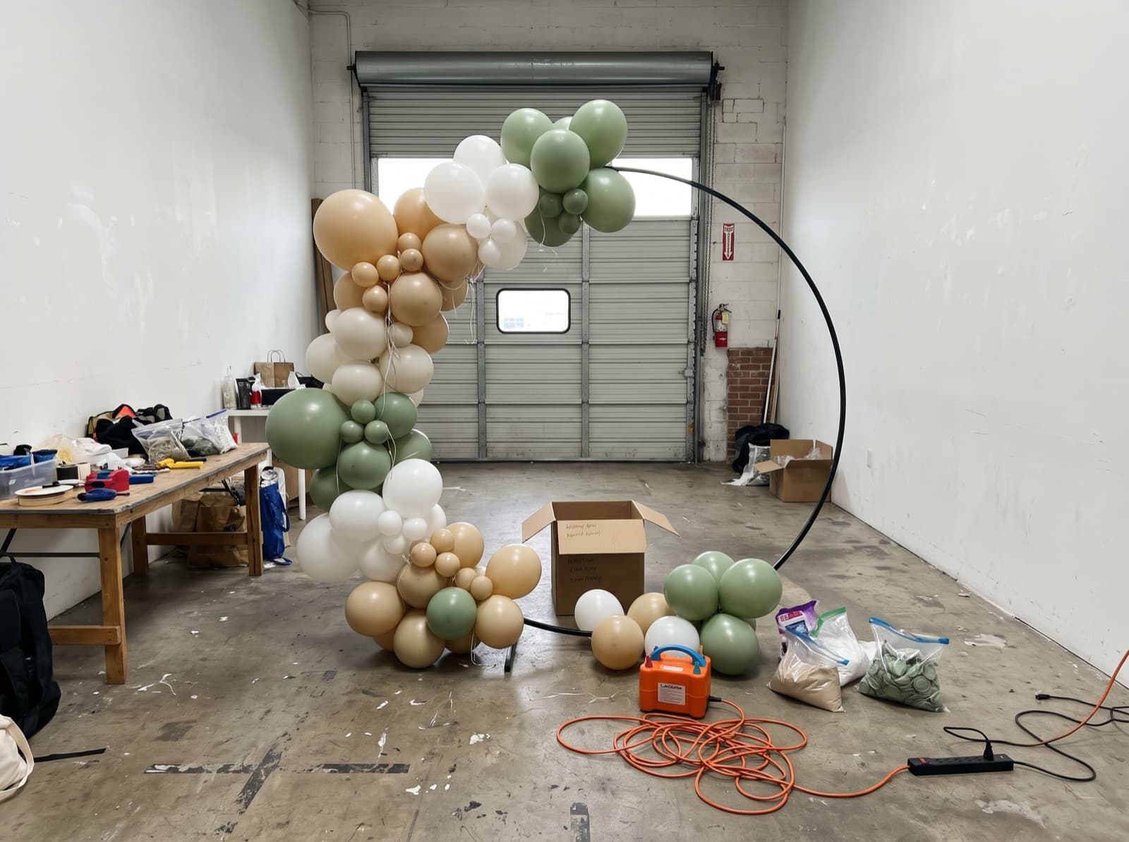 Sand, white and sage garland half-built on an arch frame in an empty studio