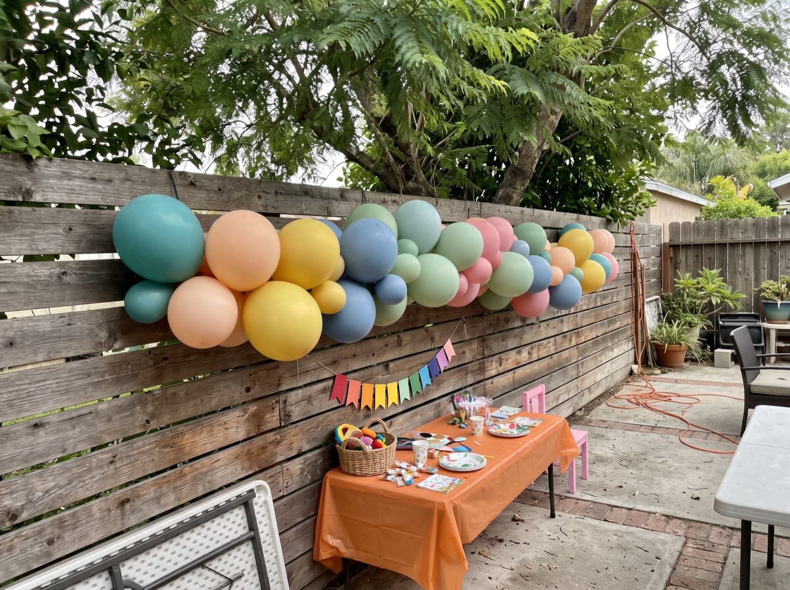 Bright grab-and-go garland tied along a slatted fence