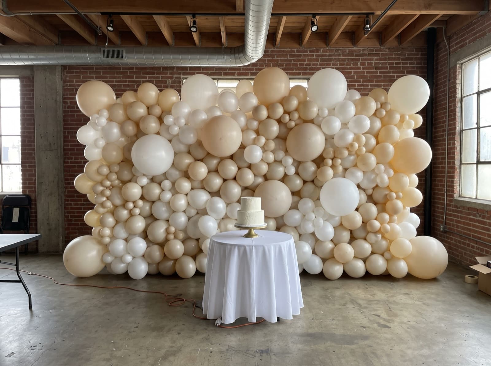 Organic balloon wall in ivory, champagne and pearl behind a cake table at a Los Angeles event space